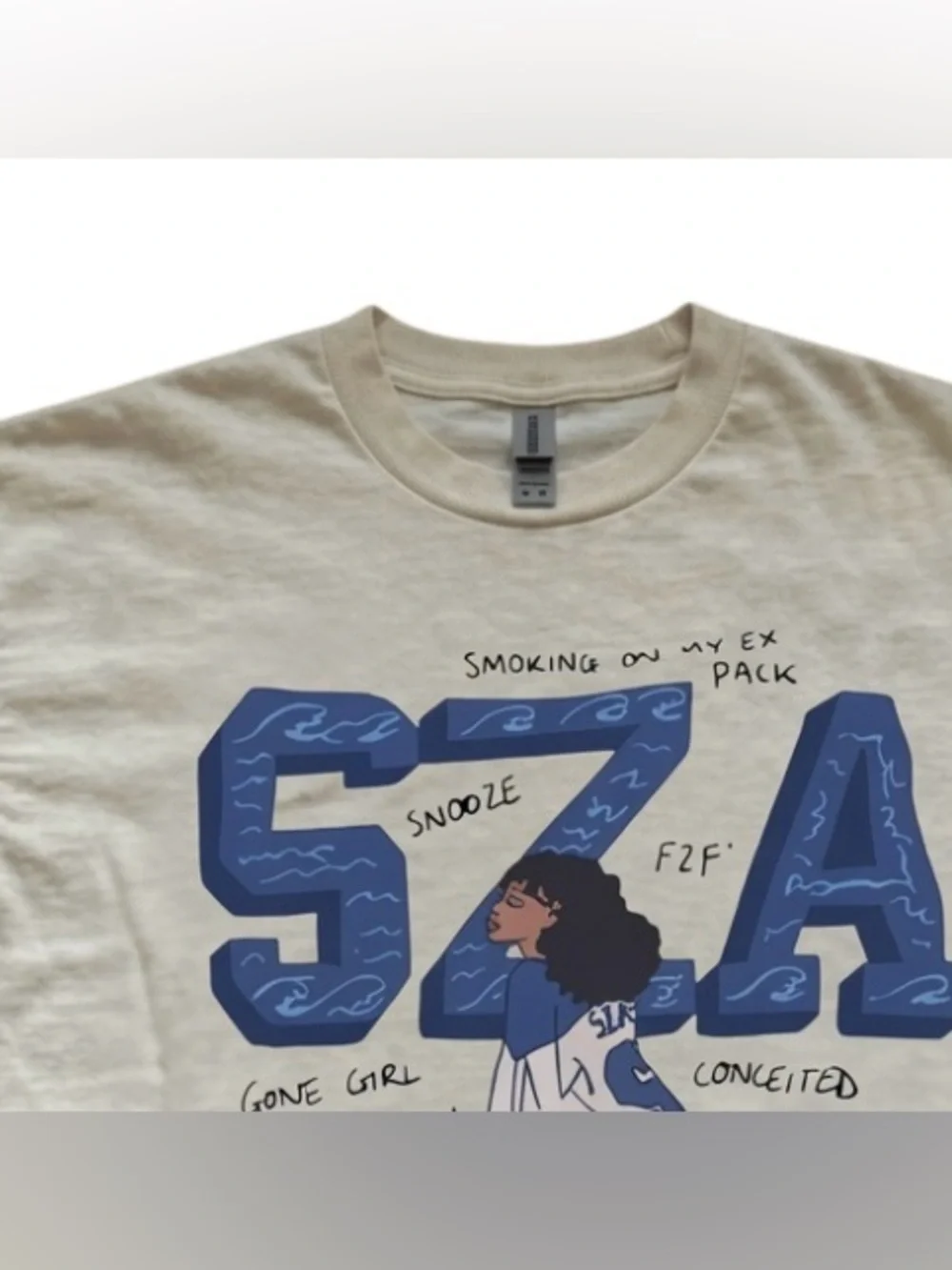 SZA Graphic Tee in Cream with Blue - White Tee